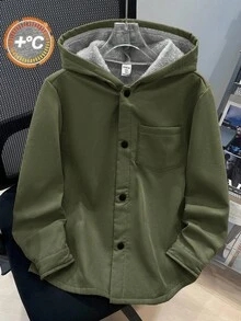 SHEIN Tween Boys' Casual Korean Style Cute Chest Patch Pocket Thermal Lined Woven Jacket Fall Winter - Army Green - View 5