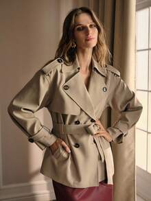 MOTF PREMIUM 双排扣腰带风衣 - 卡其色 - 查看 6