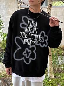 DAZY Men's Floral Print Thermal Lined Pullover Sweatshirt, Autumn/Winter - Black - View 4
