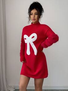 Selianne Vestido de suéter de manga larga con cuello redondo elegante para mujer, con decoración de piel de visón, lentejuelas y lazo, versátil para Navidad, Año Nuevo, otoño/invierno - Rojo - Ver 5