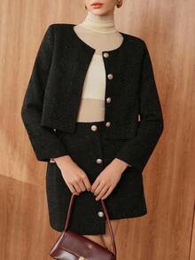 Chiquease 优雅两件套：女式亮面单排扣长袖夹克和不对称下摆中长裙，秋冬 - 黑色 - 查看 1