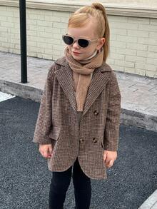 Playful Pals 女童羊毛混纺呢子大衣，高端英伦风缺口领口复古格纹，时尚优雅，适合秋冬日常穿着和朋友聚会