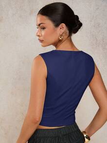 COSMINA Áo ba lỗ cổ chữ V màu trơn không tay thời trang ôm vừa vặn thanh lịch dành cho nữ - Màu xanh hải quân - Xem 2