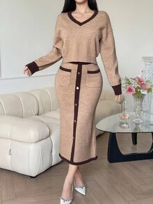 DAZY Women's Casual V-Neck Colorblock Sweater With Pockets & Button Decor + Straight Skirt 2-Piece Set, Autumn