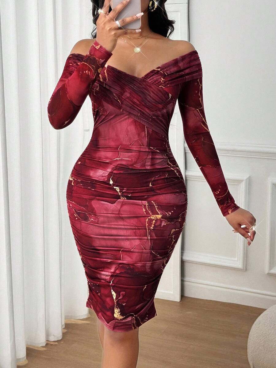 SHEIN Lady Marble Print Off Shoulder Wrap Dress - Burgundy - View 1