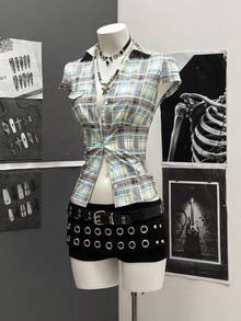 StreetHx Áo sơ mi tay lửng kẻ caro xanh dành cho nữ - Nhiều màu - Xem 1