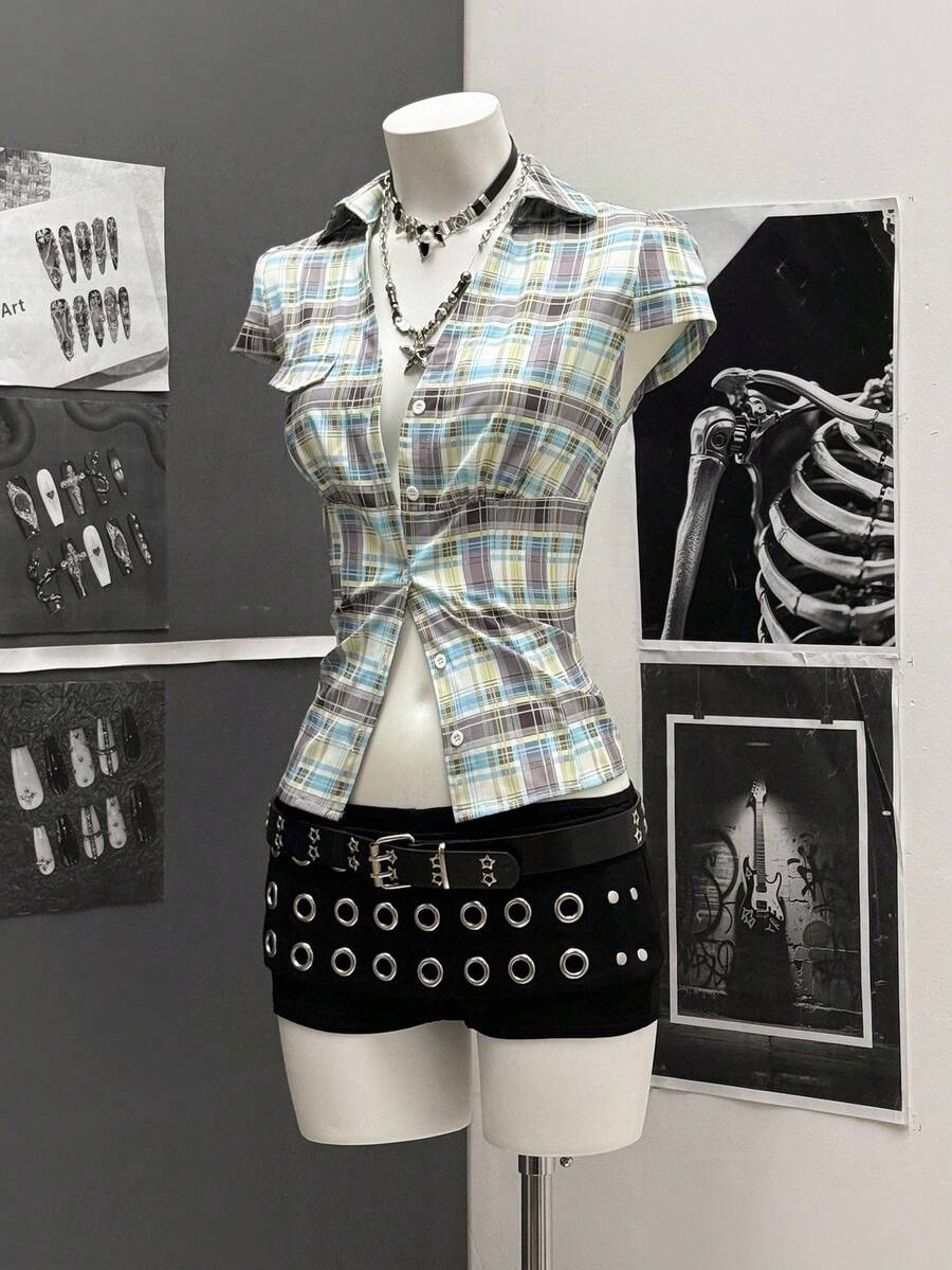 StreetHx Áo sơ mi tay lửng kẻ caro xanh dành cho nữ - Nhiều màu - Xem 1