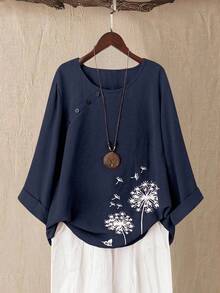 Linhara Plus Size Women's Floral Print 3/4 Sleeve Blouse, Vacation/Spring/Summer - Navy Blue - View 1