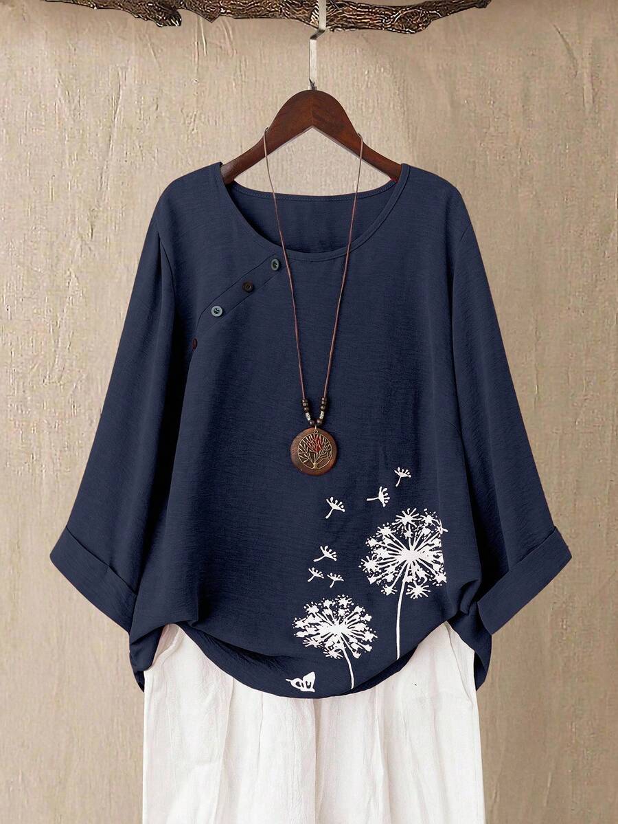 Linhara Plus Size Women's Floral Print 3/4 Sleeve Blouse, Vacation/Spring/Summer - Navy Blue - View 1