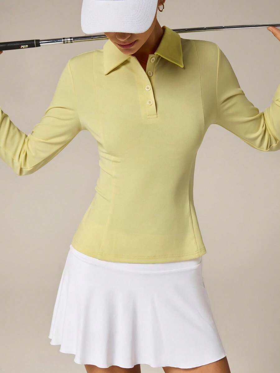 Hanevo Women's Light Yellow Collar Studded Split Sporty Casual Long Sleeve T-Shirt - Yellow - View 1