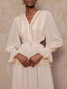SHEIN Privé VITNOS Peach Pink Elegant Wedding Dress For Women, Lace V-Neck Long Sleeve Flared Gown,Autumn High-End Luxury Evening Party Prom Graduation - Apricot - View 4