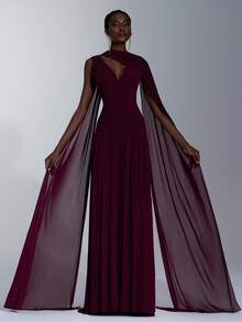 Elitara 优雅的勃艮第光泽网眼 V 领褶饰超喇叭 A 字裙（可拆卸悬挂雪纺荷叶边），适合约会、单身派对、婚礼、正式活动、伴娘礼服 - 酒紅色 - 查看 6