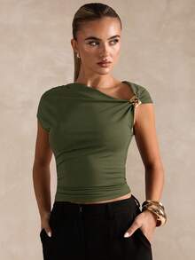 SHEIN BAE 女士时尚优雅纯色斜肩短款T恤 - 軍綠色 - 查看 5