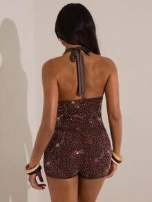 Opulessa 度假风花卉亮片深V领露背性感吊带上衣，新年造型，优雅派对，毕业典礼，舞会，奢华晚宴，万圣节服装，音乐会，派对，夜店，时尚秋季，外出，优雅性感派对约会之夜女士装扮 - 棕色 - 查看 3