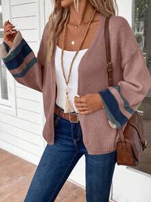 EMERY ROSE Plus Size Women's Casual Colorblock Striped Pattern Drop Shoulder Loose Lantern Sleeve Open Front Cardigan, Autumn