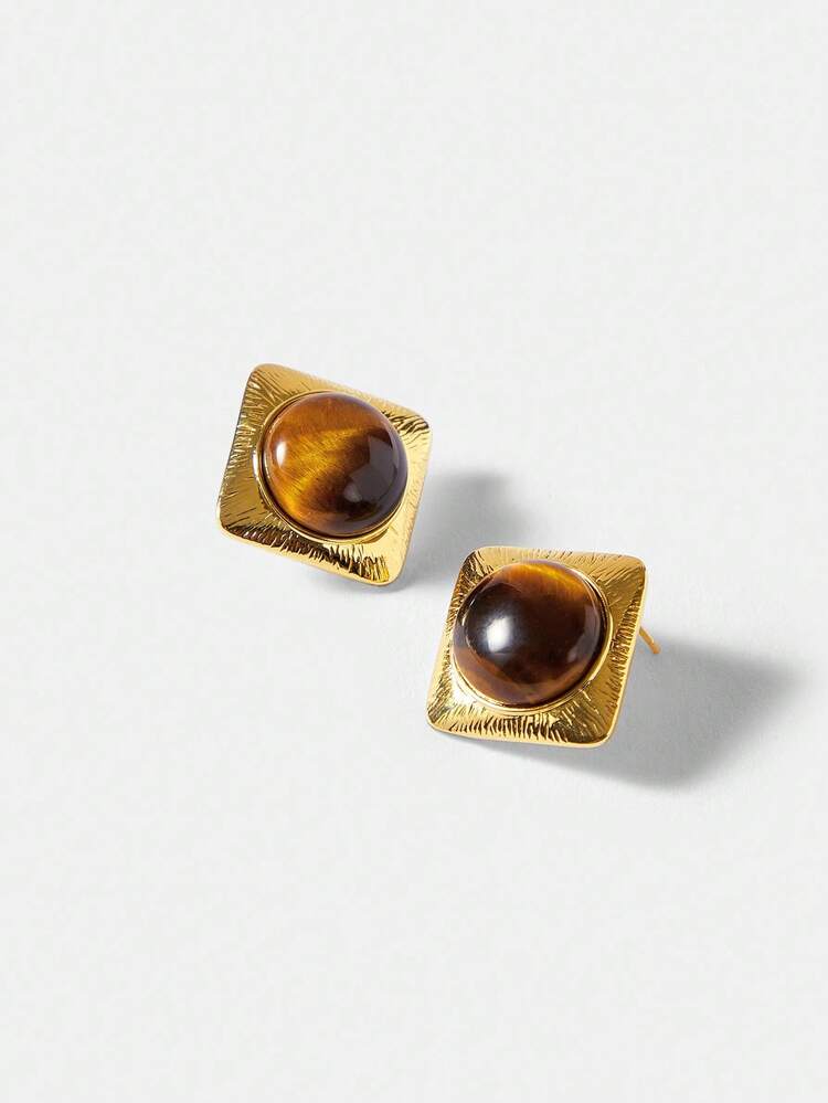 SQUARE TIGER EYE STUD EARRINGS