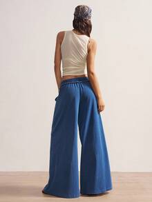 Bohemela 女式纯色休闲牛仔裤 宽松裤 女式阔腿裤 秋裤 女式阔腿裤 秋季女装 女式宽松阔腿牛仔裤 抽绳腰带口袋 休闲牛仔裤 - 深色水洗藍 - 查看 2