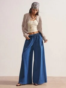 Bohemela 女式纯色休闲牛仔裤 宽松裤 女式阔腿裤 秋裤 女式阔腿裤 秋季女装 女式宽松阔腿牛仔裤 抽绳腰带口袋 休闲牛仔裤 - 深色水洗藍 - 查看 3