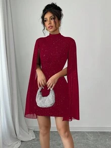 Elenzga 女士时尚立领透明宽袖紧身连衣裙 - 酒紅色 - 查看 7