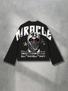 ROMWE MEN Street Life Men's Street Dark Figure Print Long Sleeve Top, Fall - Black - View 1