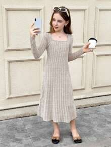 SHEIN Vestito a maniche lunghe con vita stretta in maglia a costine per ragazze pre-adolescenti, adatto per abbigliamento casual, ritorno a scuola, cerimonie, uso quotidiano, scuola, viaggi, sport, autunno/inverno