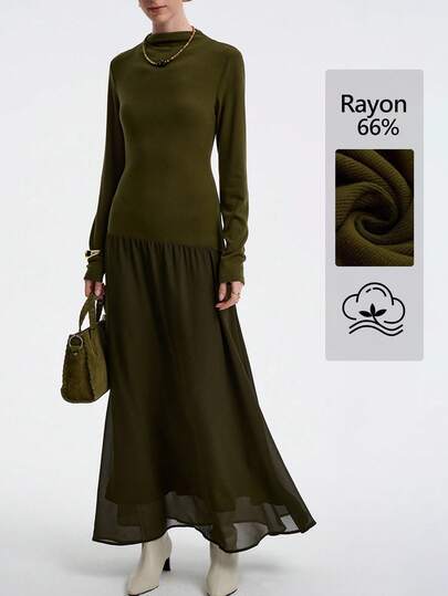 Lyxana 女士优雅别致轻盈奢华休闲度假通勤舒适纯色针织罗纹拼接雪纺高领修身 A 字长袖超长连衣裙，春/秋/冬