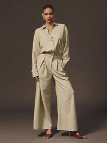 Hauture 女式纯色落肩长袖单排扣休闲衬衫连体裤 - 卡其色 - 查看 2