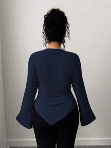 Elenzga Plus Size Women's Soft & Cozy Long Sleeve Apricot T-Shirt, Asymmetrical Hem, Suitable For Commuting & Dating, Autumn/Winter - Navy Blue - View 2