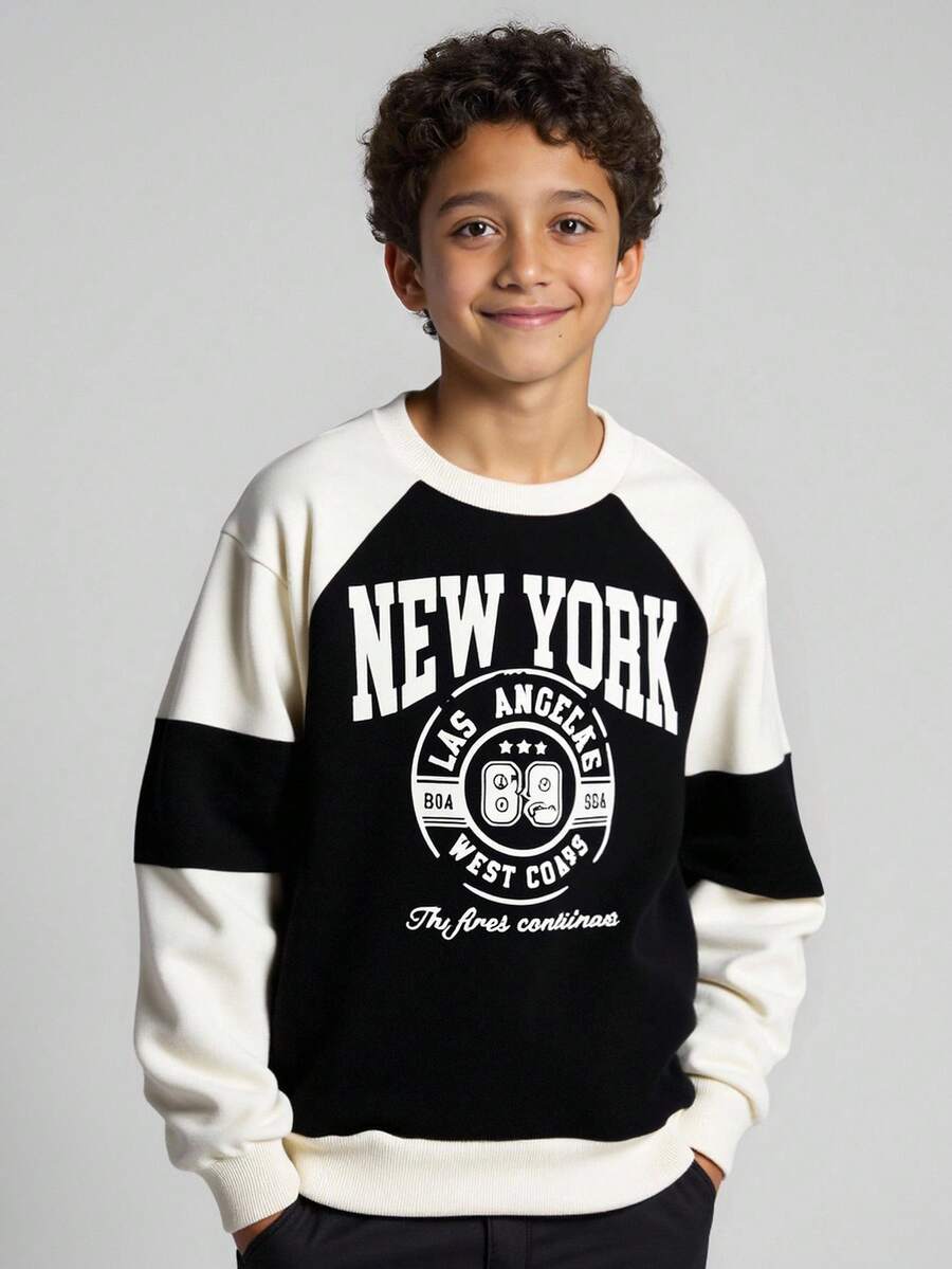 JNSQ Tween Boy Casual Pullover Sweatshirt, Loose Fit Colorblock Graphic Print Long Sleeve Crew Neck Top, Suitable For Autumn, Winter Daily Wear, Outdoor Activities, Vacation, Streetwear, Party And Leisure