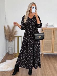 SHEIN LUNE 女款碎花灯笼袖连衣裙 - 黑色 - 查看 4