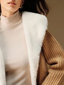 Anewsta 女士厚人造毛领拼布开衫毛衣外套，高端，秋冬 - 卡其色 - 查看 1