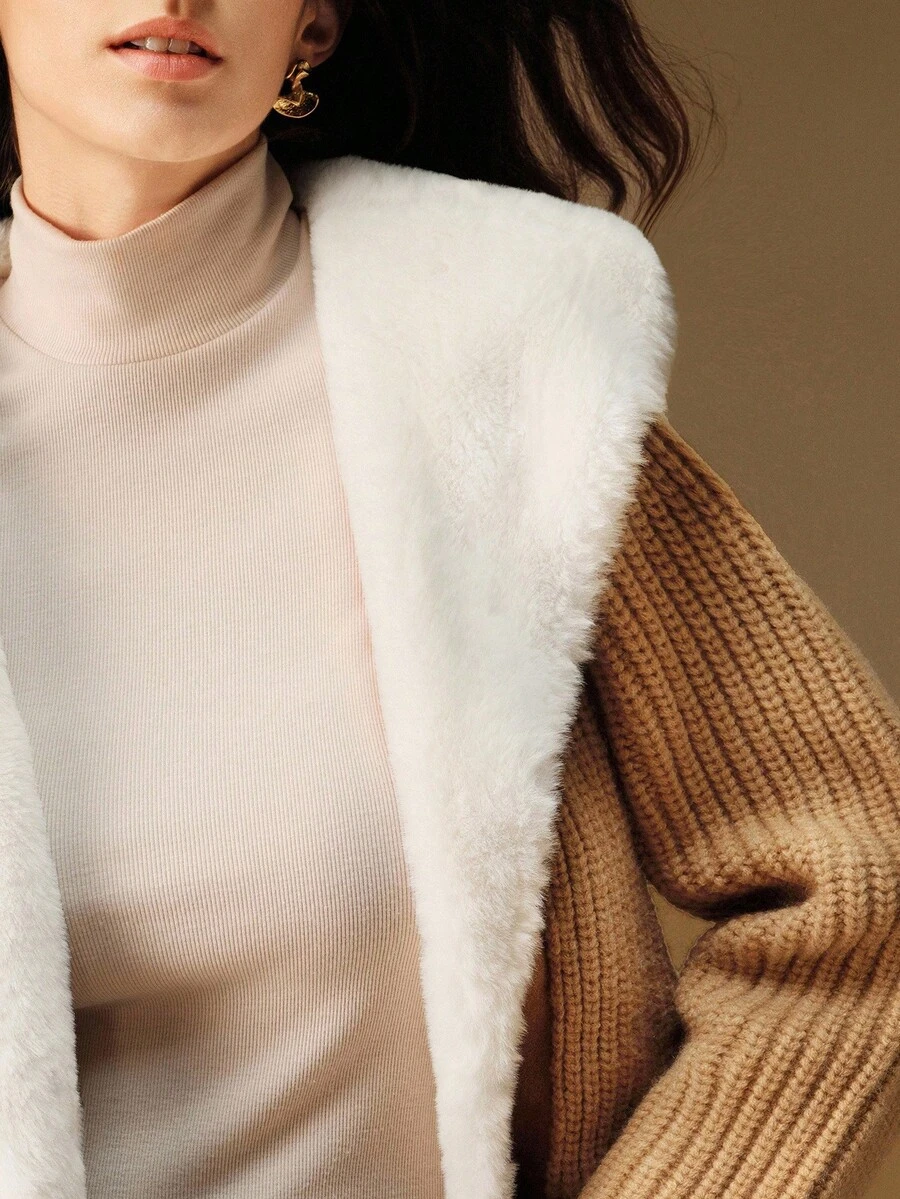 Anewsta 女士厚人造毛领拼布开衫毛衣外套，高端，秋冬 - 卡其色 - 查看 1