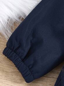 Baby Boy Casual Comfortable Versatile Faux Fur Trim Hooded Jacket, Thermal Lined, Contrast Color Cargo Pockets, Zipper, Mid-Length Winter Coat, Suitable For Home & Outdoor