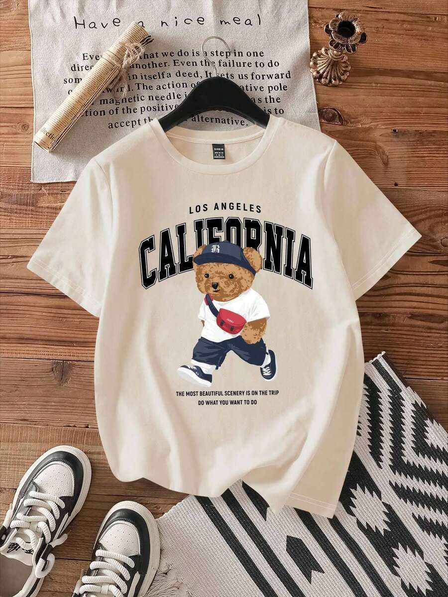 Attitoon Áo thun tay ngắn cổ tròn họa tiết California & Bear đơn giản, tối giản, thoải mái dành cho nữ, chất liệu cotton pha trộn, thích hợp cho mùa hè - Màu be - Xem 1