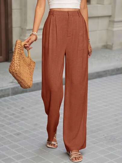 SHEIN VCAY Women's Solid Color High Waist Pleated Wide Leg Loose Casual Pants