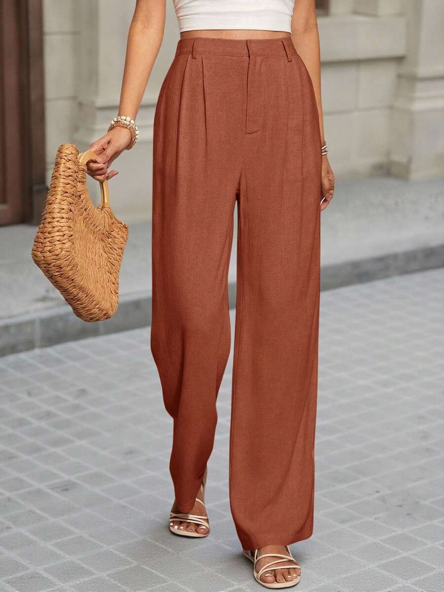 SHEIN VCAY 女士纯色高腰褶皱阔腿宽松休闲裤 - 鏽棕色 - 查看 1