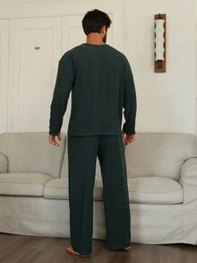 DAZY Men's V-Neck Top & Pants Loungewear Set, Military Green Corduroy Fabric, Autumn Pajama, Fall Winter Clothes