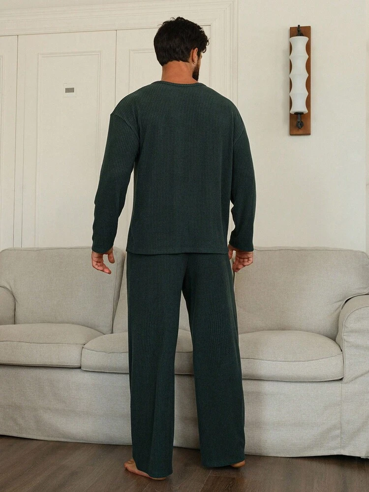 Men's V-Neck Top & Pants Loungewear Set, Military Green Corduroy Fabric, Autumn Pajama, Fall Winter Clothes