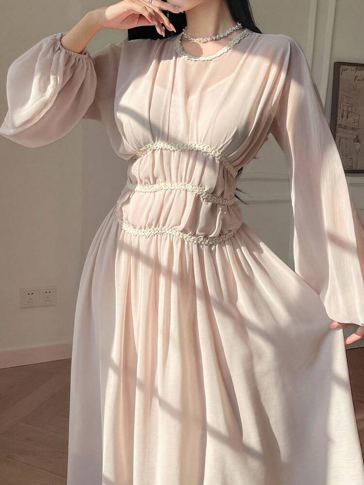 Elegant French Style Cinched Waist Long Dress, High-End Vibe, Suitable For Socialites