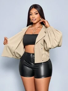 SOLERSUN Plus Size Women's Autumn Windbreaker Jacket,Casual Lapel Buttoned Short Lantern Sleeve Coat,Commuter Elastic Hem Pocket Fashion Clothing - Khaki - View 6