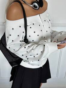 INAWLY Retro Girl's Off Shoulder Five-Pointed Star Print Sweatshirt - Multicolor - View 7