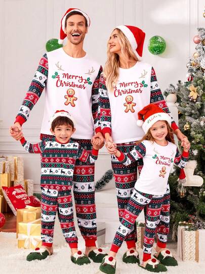 SHEIN 2pcs/Set Casual Gingerbread Man Print Long Sleeve Top And Pants Young Girls Christmas Pajamas, White Autumn Family Matching Homewear Set Fall Winter
