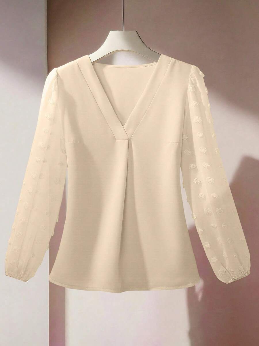 Franclia 女式V领纯色褶皱长袖优雅时尚衬衫 - 杏色 - 查看 1