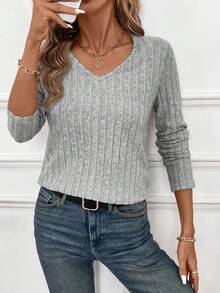 SHEIN Frenchy 女士撞色蕾丝长袖罗纹休闲T恤 - 灰色 - 查看 4