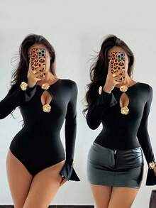 Rafferiza 女士镂空黑色紧身衣，女士金属花朵装饰紧身衣秋季女装 - 黑色 - 查看 8