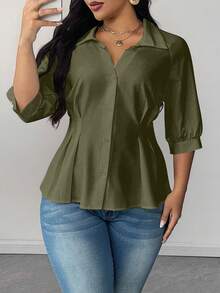 SHEIN Clasi Blusa elegante de talla grande con cuello y cintura fruncida de unicolor - Verde - Ver 5