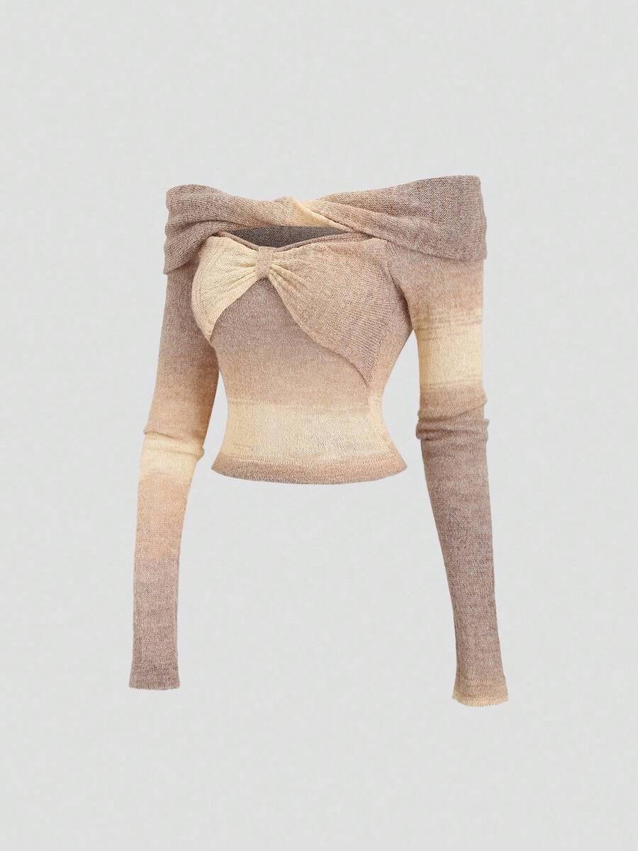 Sweetra New Autumn/Winter Ombre Off Shoulder Sexy Cute Sweet Pullover Sweater - Yellow - View 1