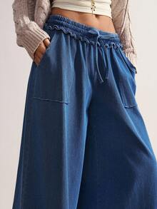 Bohemela 女式纯色休闲牛仔裤 宽松裤 女式阔腿裤 秋裤 女式阔腿裤 秋季女装 女式宽松阔腿牛仔裤 抽绳腰带口袋 休闲牛仔裤 - 深色水洗藍 - 查看 4