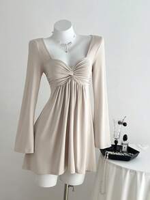 Elamini 女式休闲百搭新款扭结V领长袖紧身连衣裙，秋季 - 杏色 - 查看 3