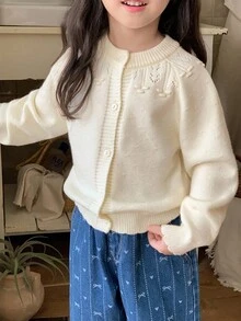 Dazy Kids Young Girl Solid Color Front Button Hollow Casual Long Sleeve Cardigan - Beige - View 5